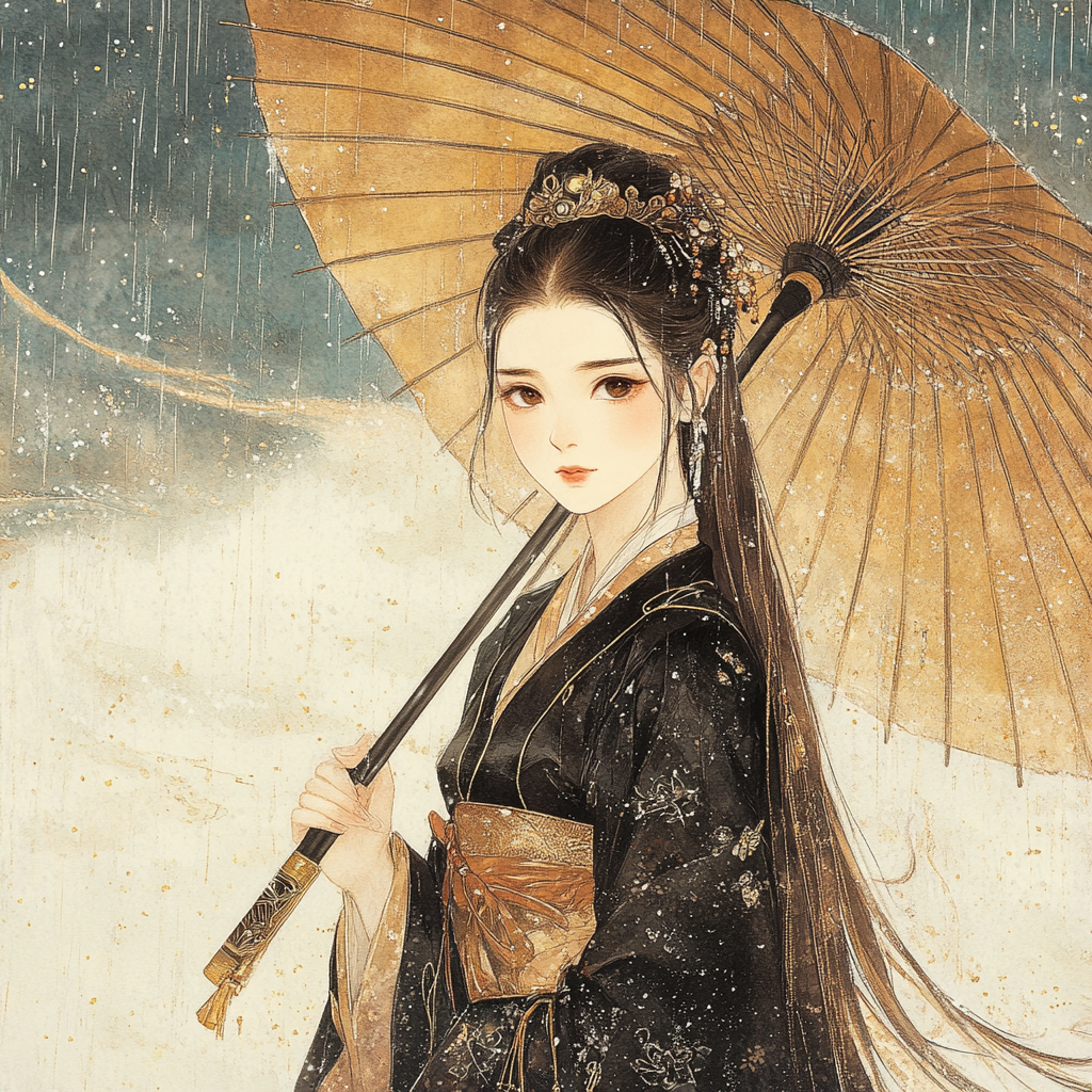 Firm-faced Chinese girl in exquisite Tang costume with umbrella.