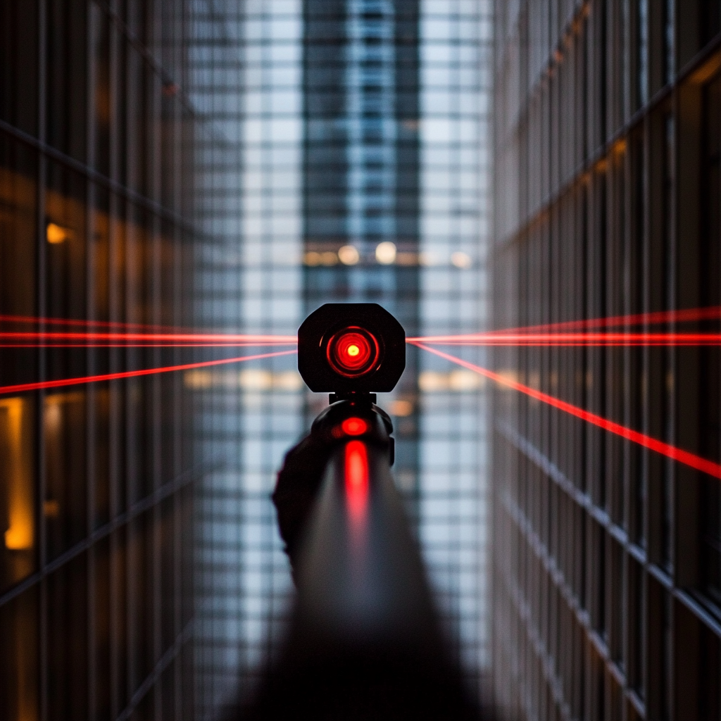 First-person view of red laser in high rise building.