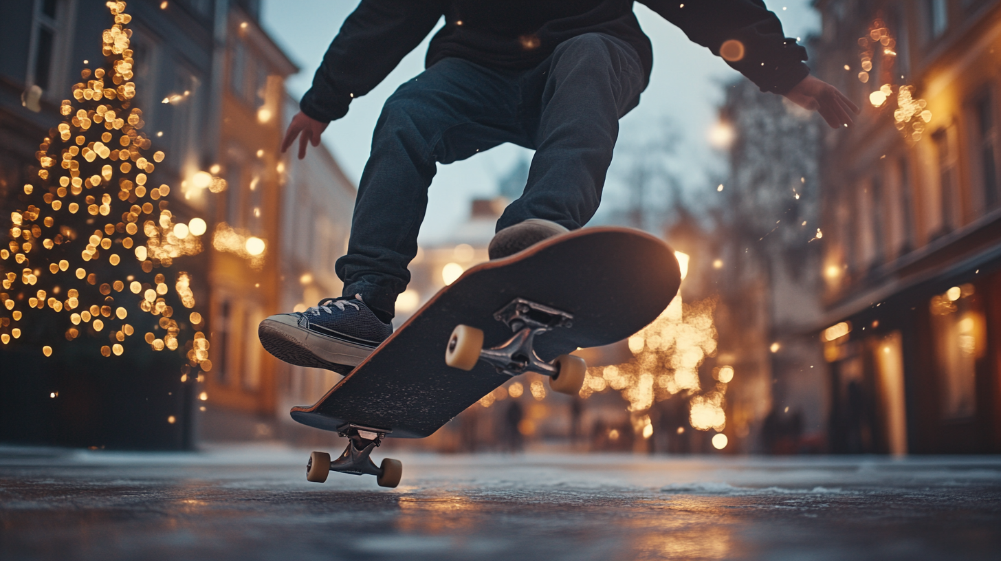 First-time skater in too much gear attempts balance.