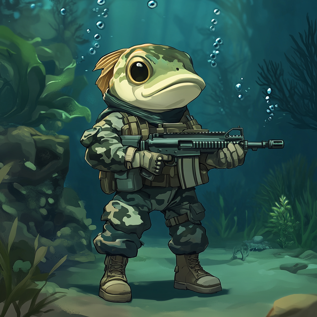 Fish in military uniform with rifle underwater scene.