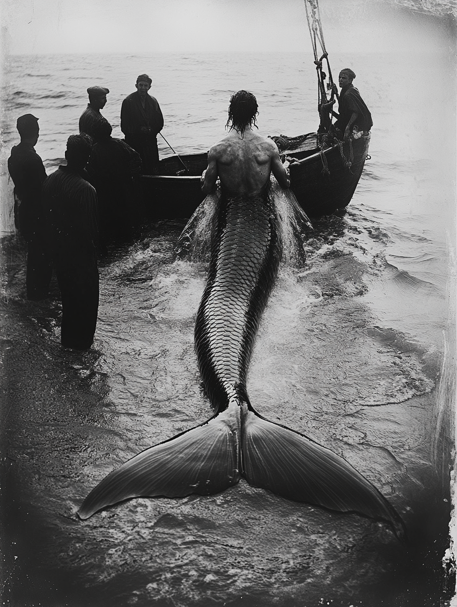 Fishermen Presenting Caught 12ft Mermaid on Sea