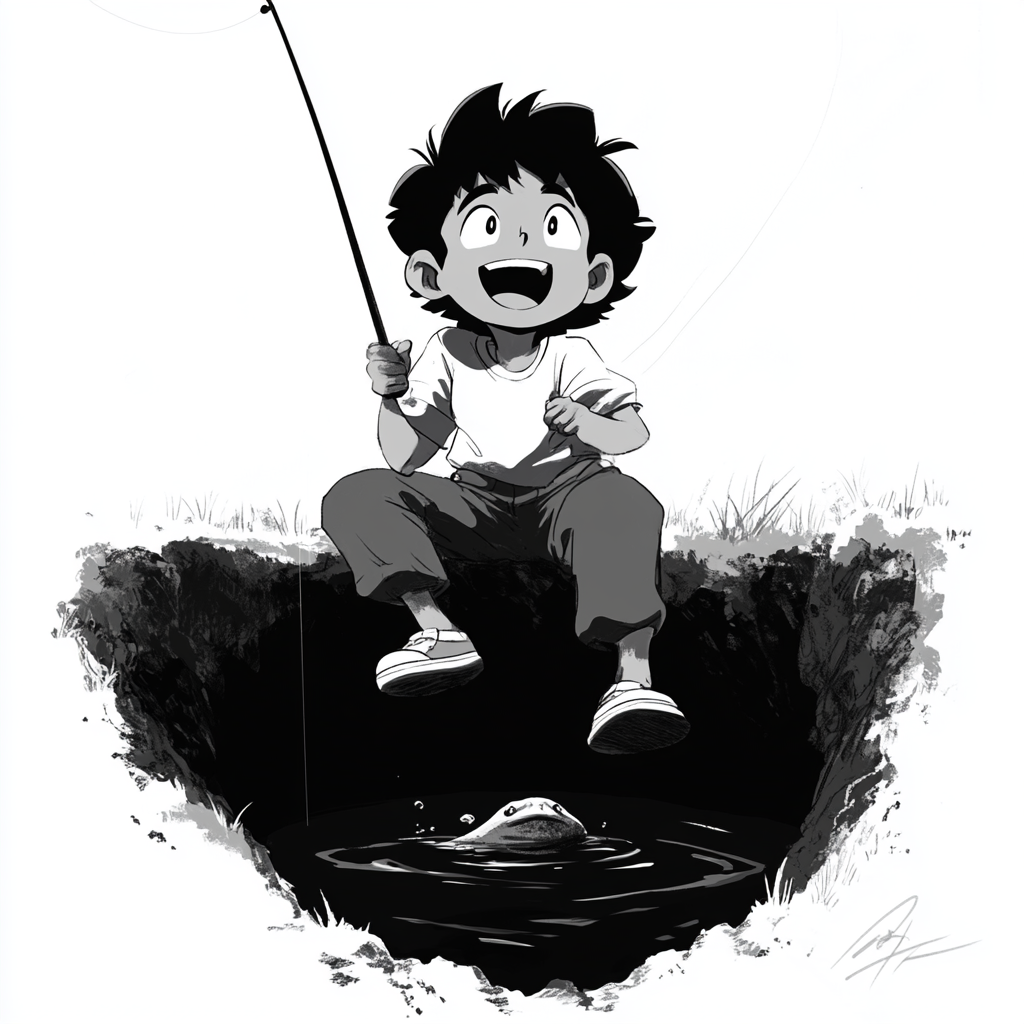 Fishing Boy in Big Hole, Disney Style Illustration