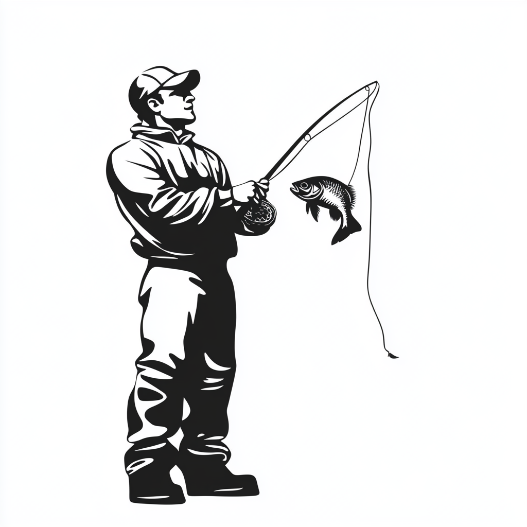 Fishing man with rod catching fish on line vector.