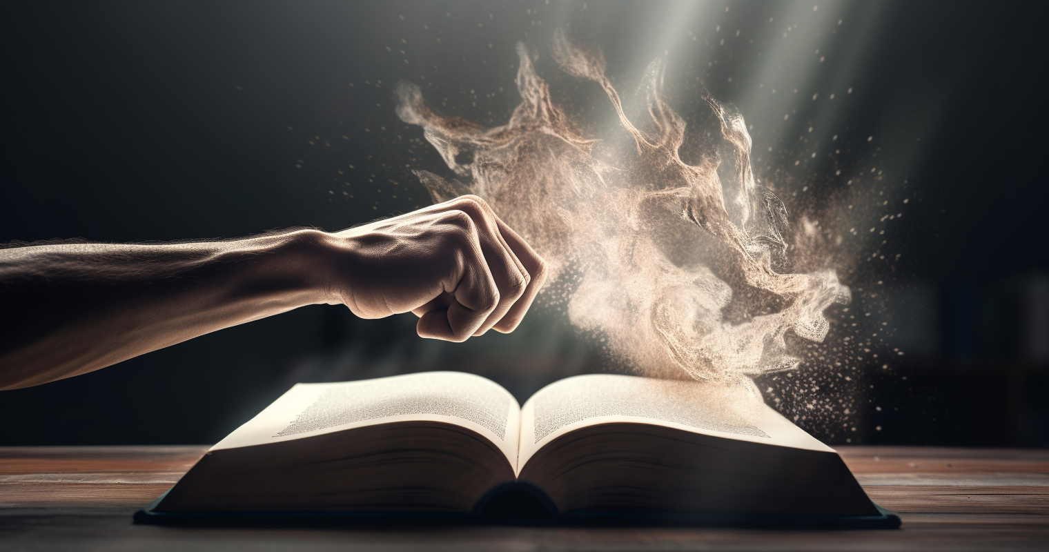 Fist breaking through book pages with dynamic lighting and blur.