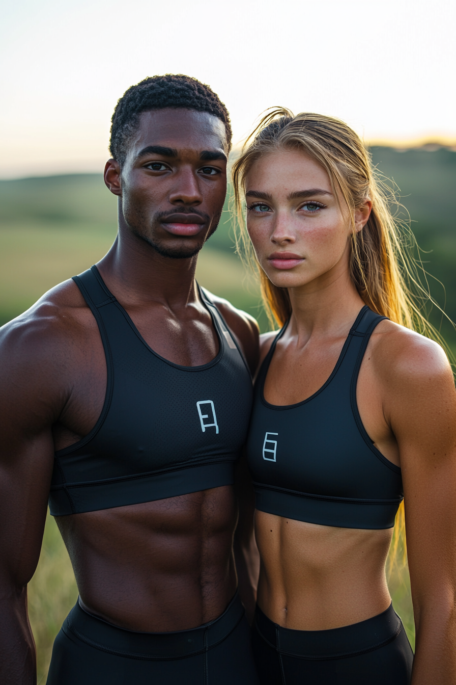 Fit Couple Embracing Sunset on Grassy Hill