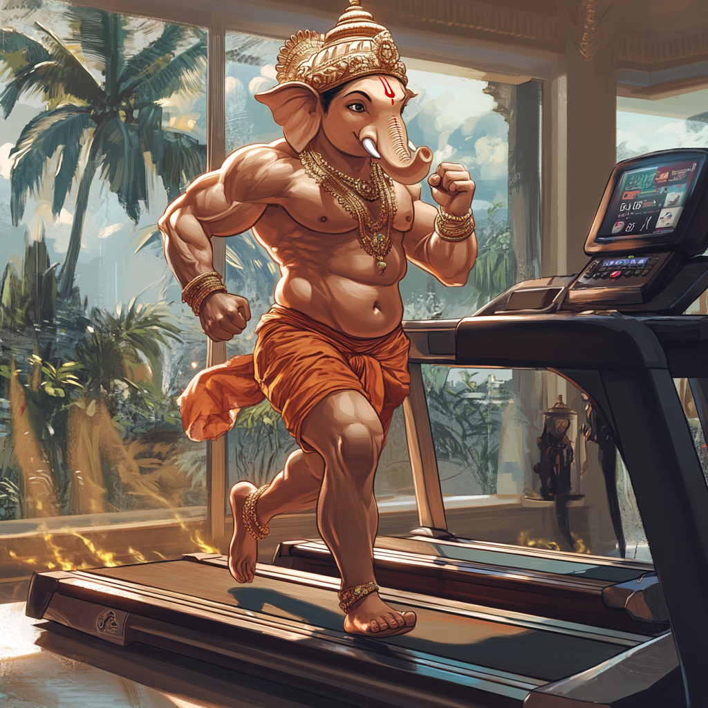 Fit Lord Ganesh running on treadmill in athleisure. Apple watch showing heart rate.