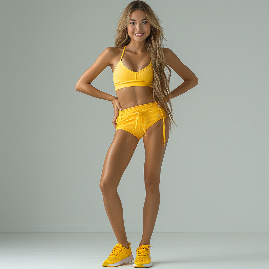 Fit girl posing in yellow workout outfit on white background