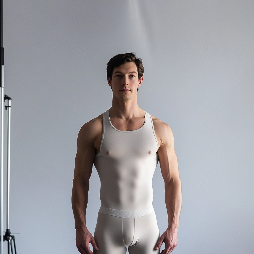 Fit man in tight tank stands in studio.