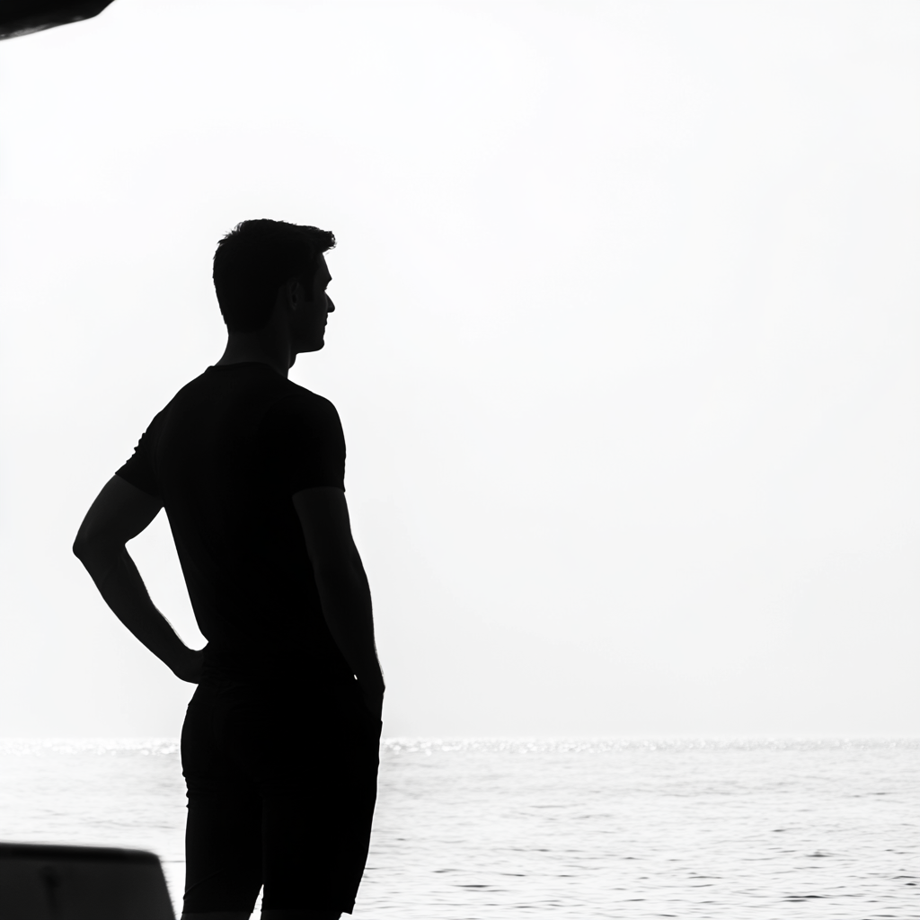 Fit yachtsman admiring sea view from pontoon silhouette.