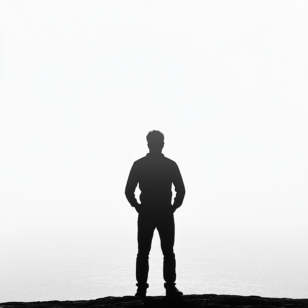 Fit yachtsman stands by sea, black silhouette over white.