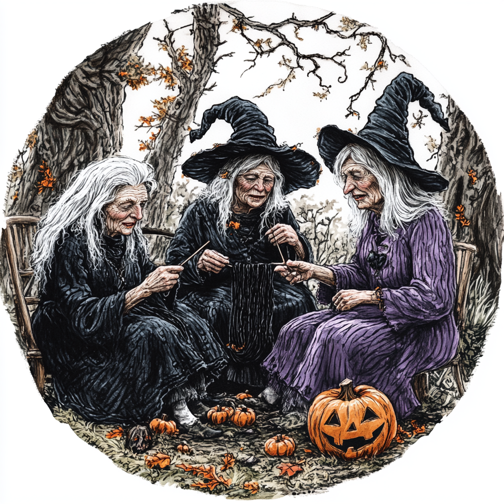 Five Halloween Witches Knitting a Black Scarf