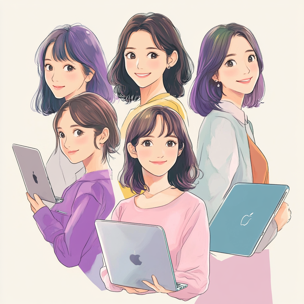 Five Japanese women holding Mac computers, smiling. Glossy hair, purple and blue gradients.