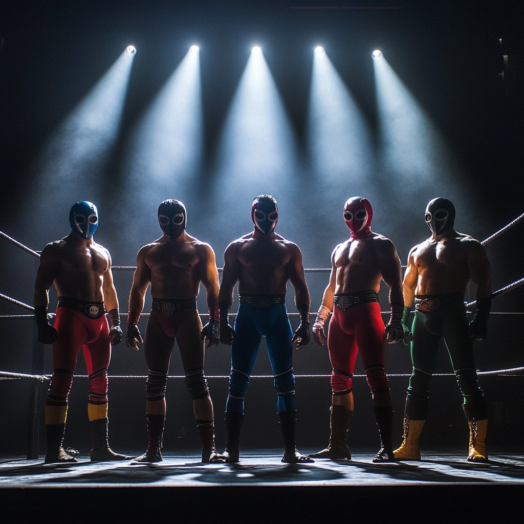 Five Luchadores Pose in Brightly Lit Ring