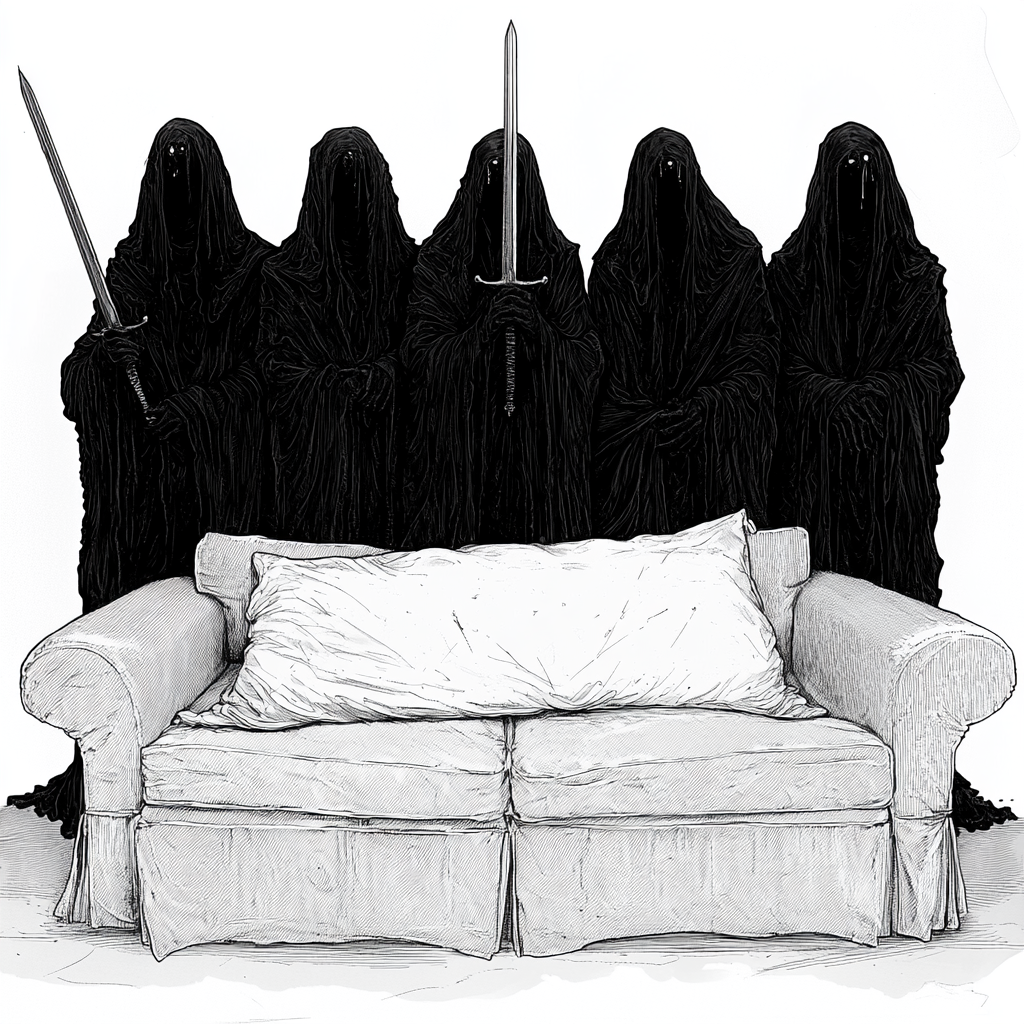 Five Nazgul in black robes with swords standing.