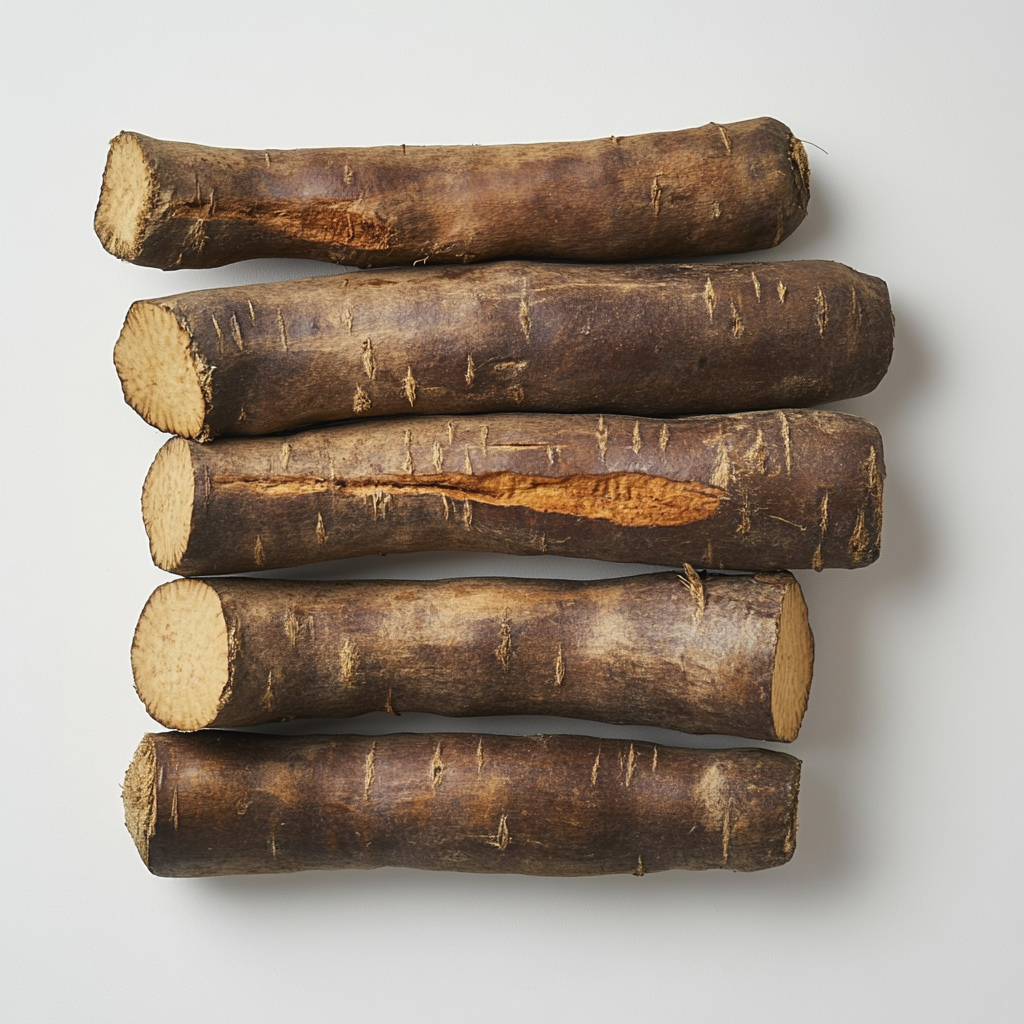 Five brown wild yams stacked on white surface.