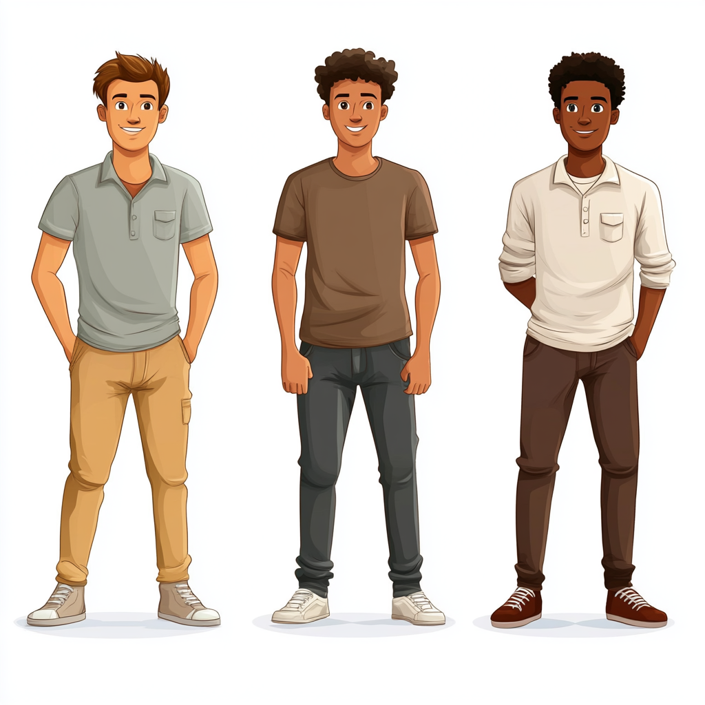 Five different male middle school student cartoon images.