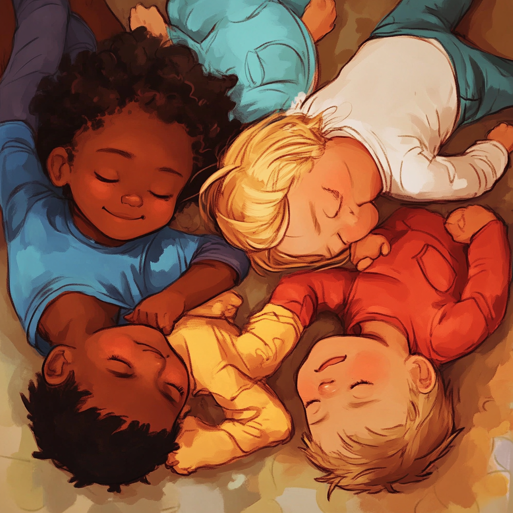 Five kids sleeping, two black, three white cartoon characters.