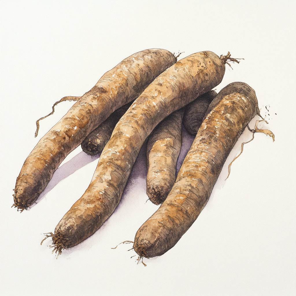 Five long wild yams in watercolor drawing.