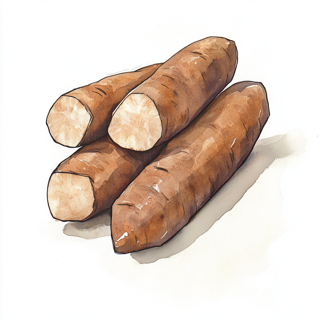 Five long wild yams stacked together in watercolor