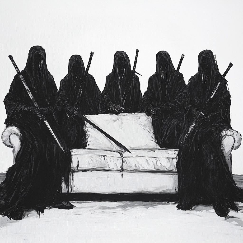 Five nazghouls in black robes with swords, pillow on sofa.