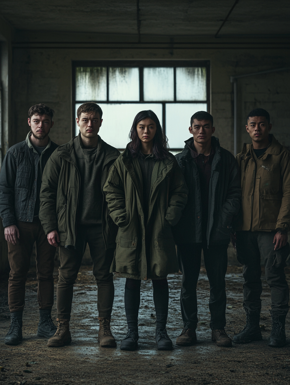 Five people in abandoned barracks on stormy island.