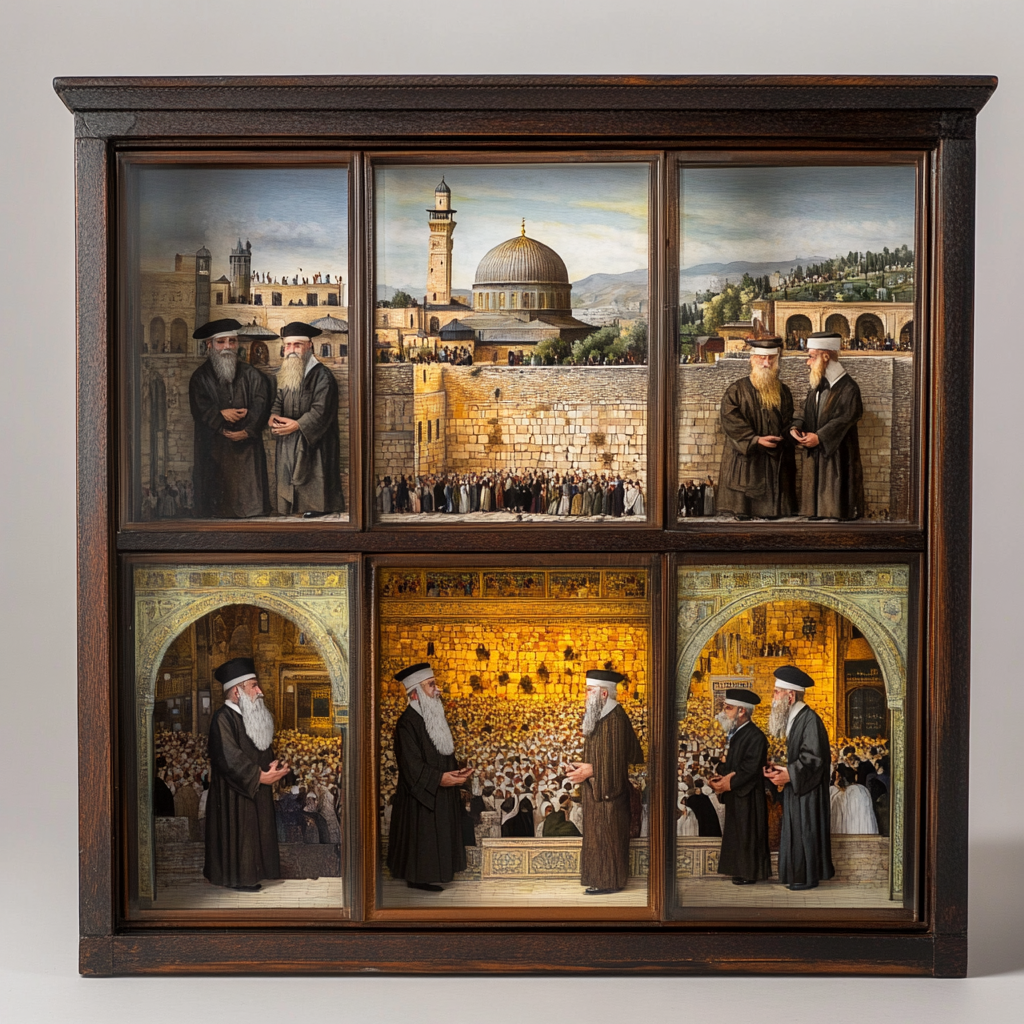 Five rabbis praying at Western Wall in shadowbox