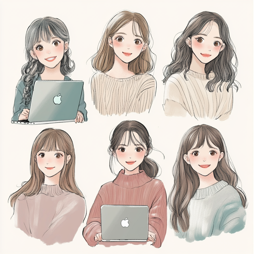 Five young Japanese women smiling and holding Mac computer.