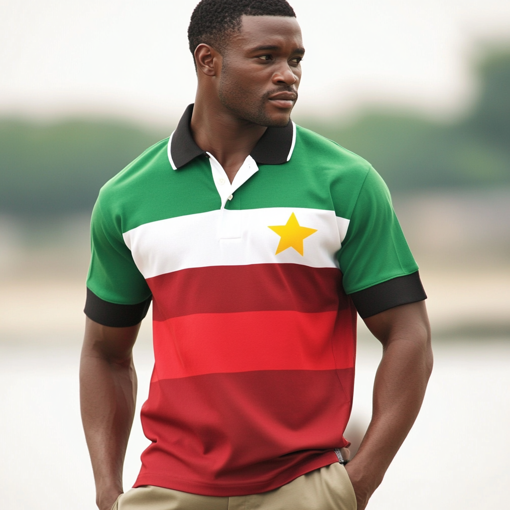 Flag-covered polo shirt for black man with athletic build.