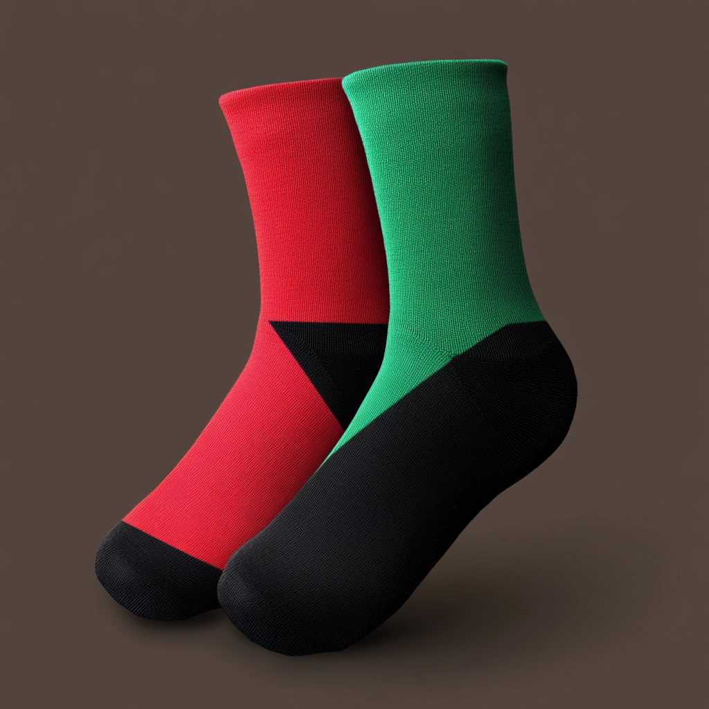 Flag design socks with red triangle, green, and black.