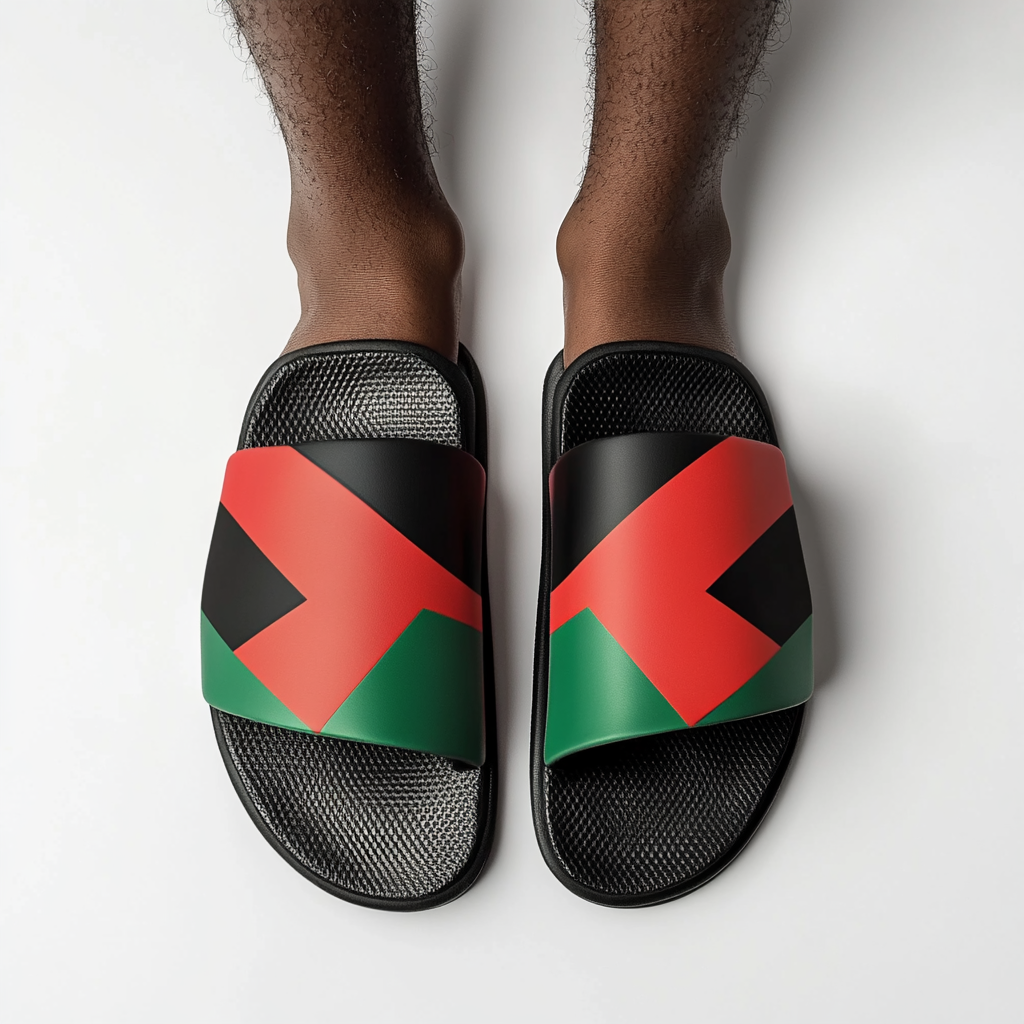 Flag-inspired sandals for black man with red triangle design.