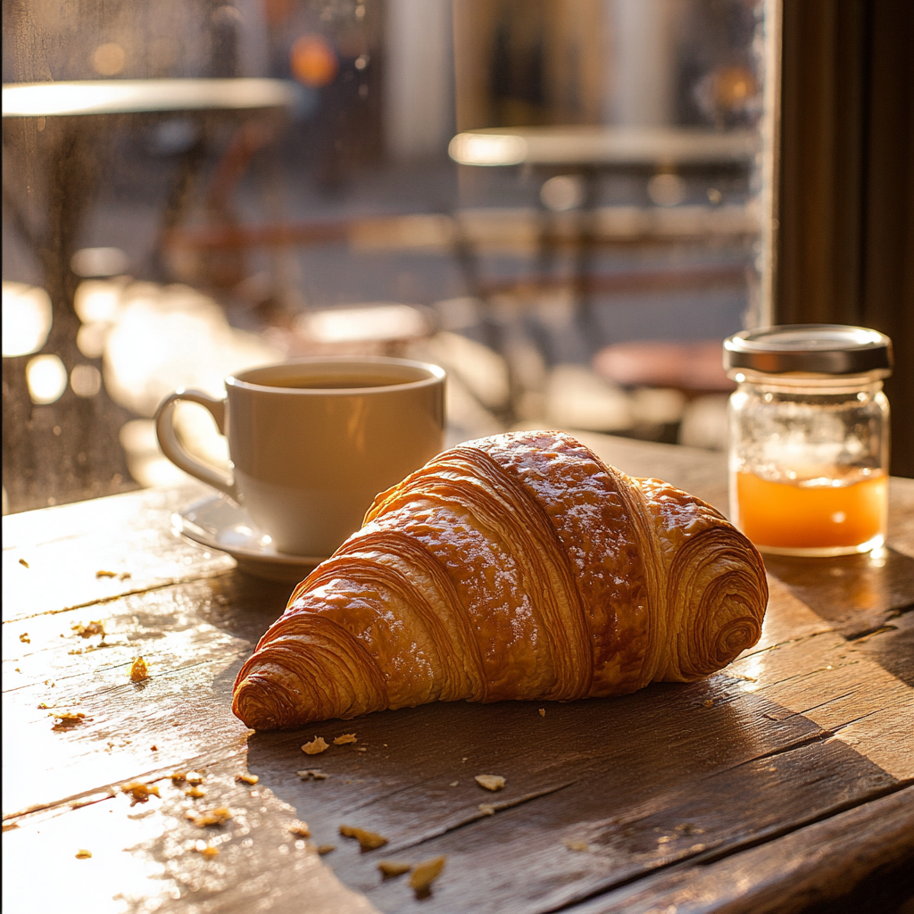 Flaky croissant on table in sunlit Parisian cafe