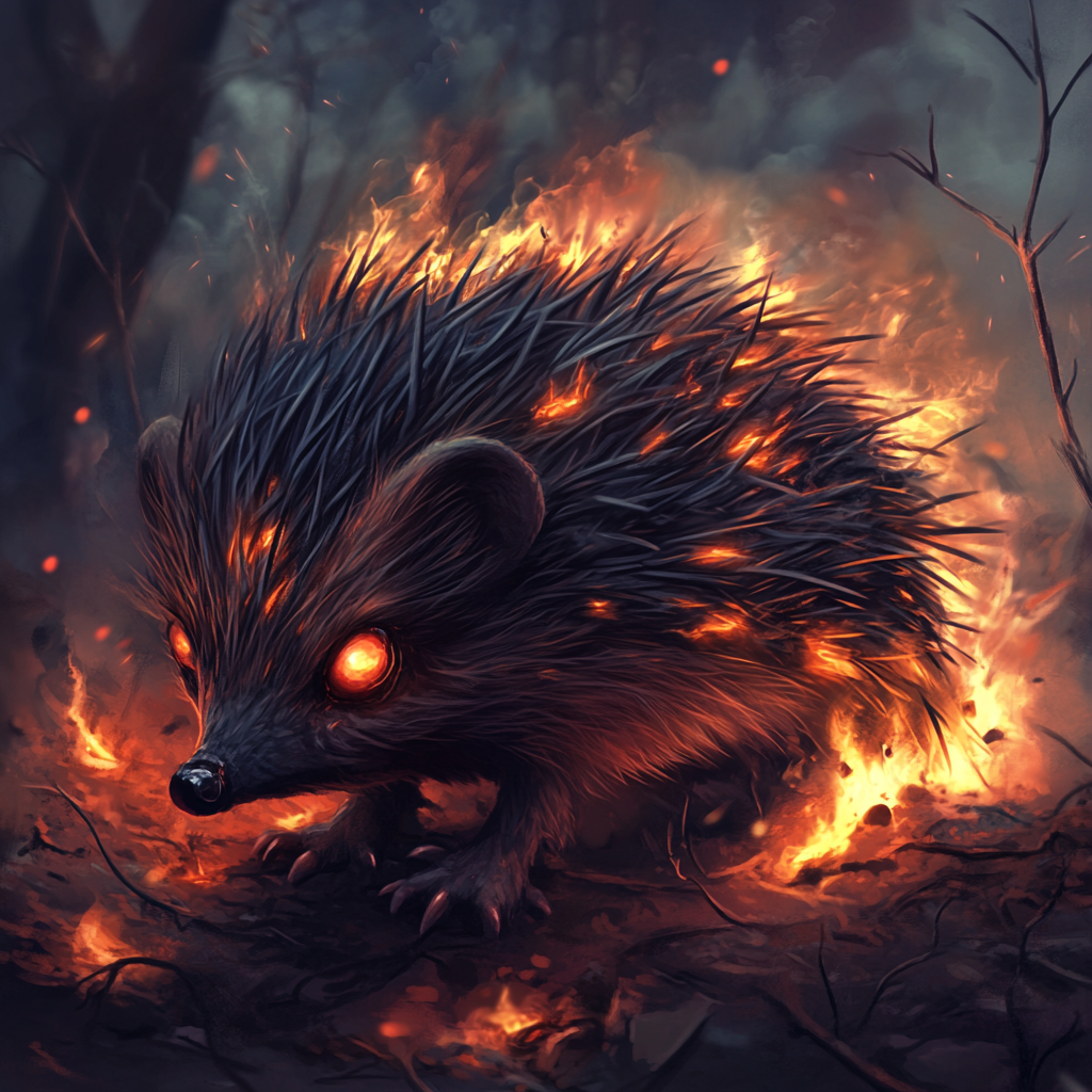 Flaming hedgehog in magical forest with glowing eyes.