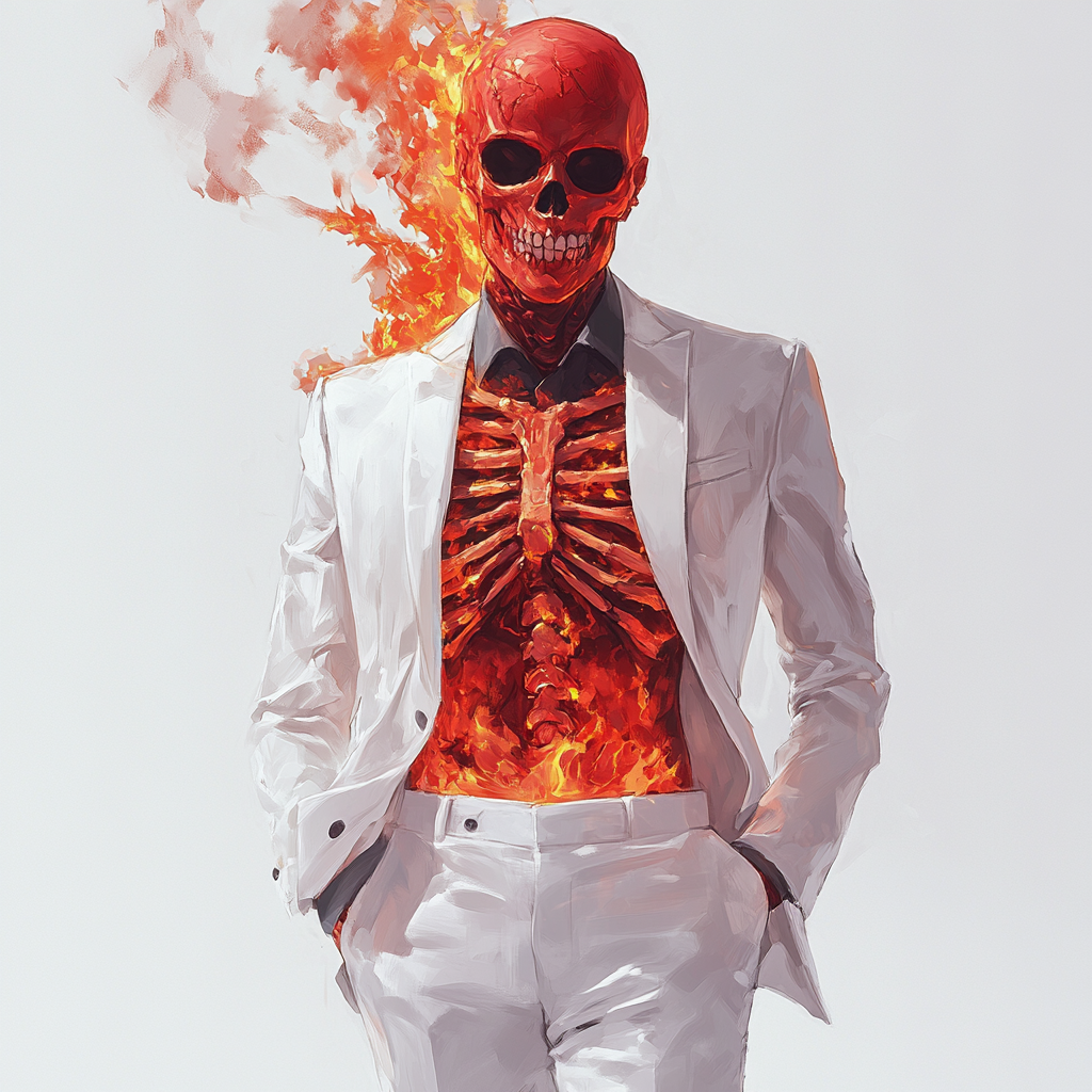 Flaming red skull head bad guy with sarcastic attitude.