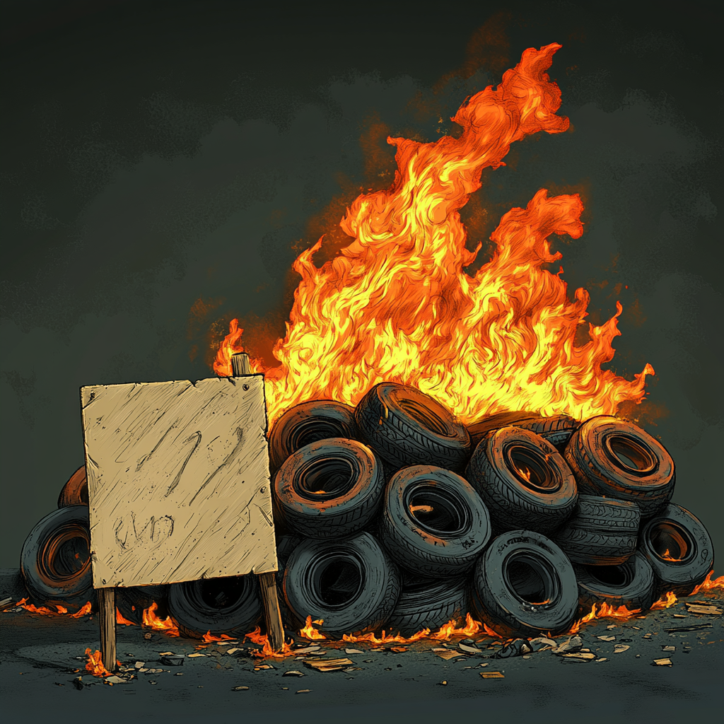 Flaming tires pile near old sign in cartoon