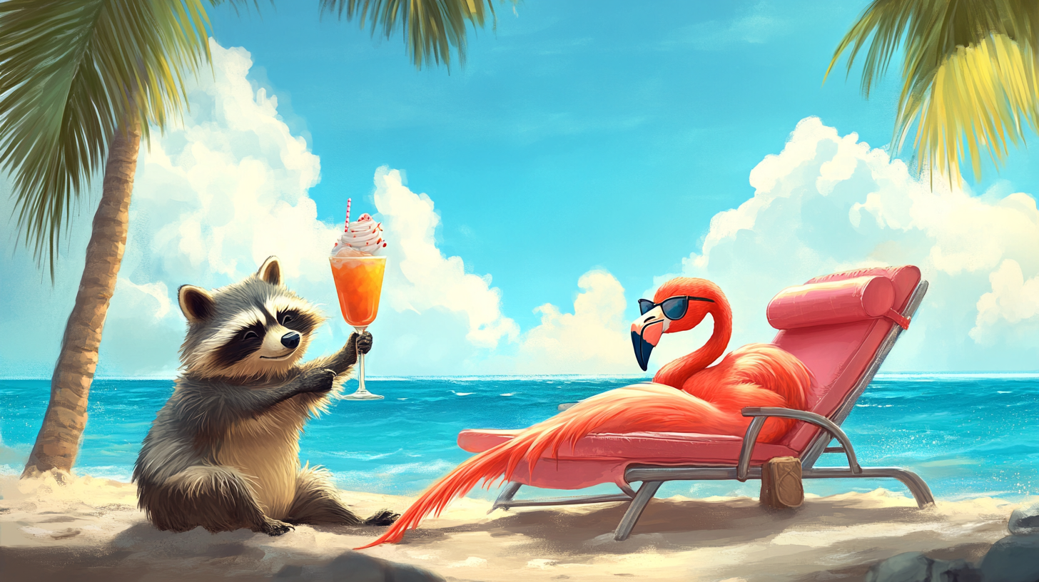 Flamingo lounging with raccoon friend at beach.