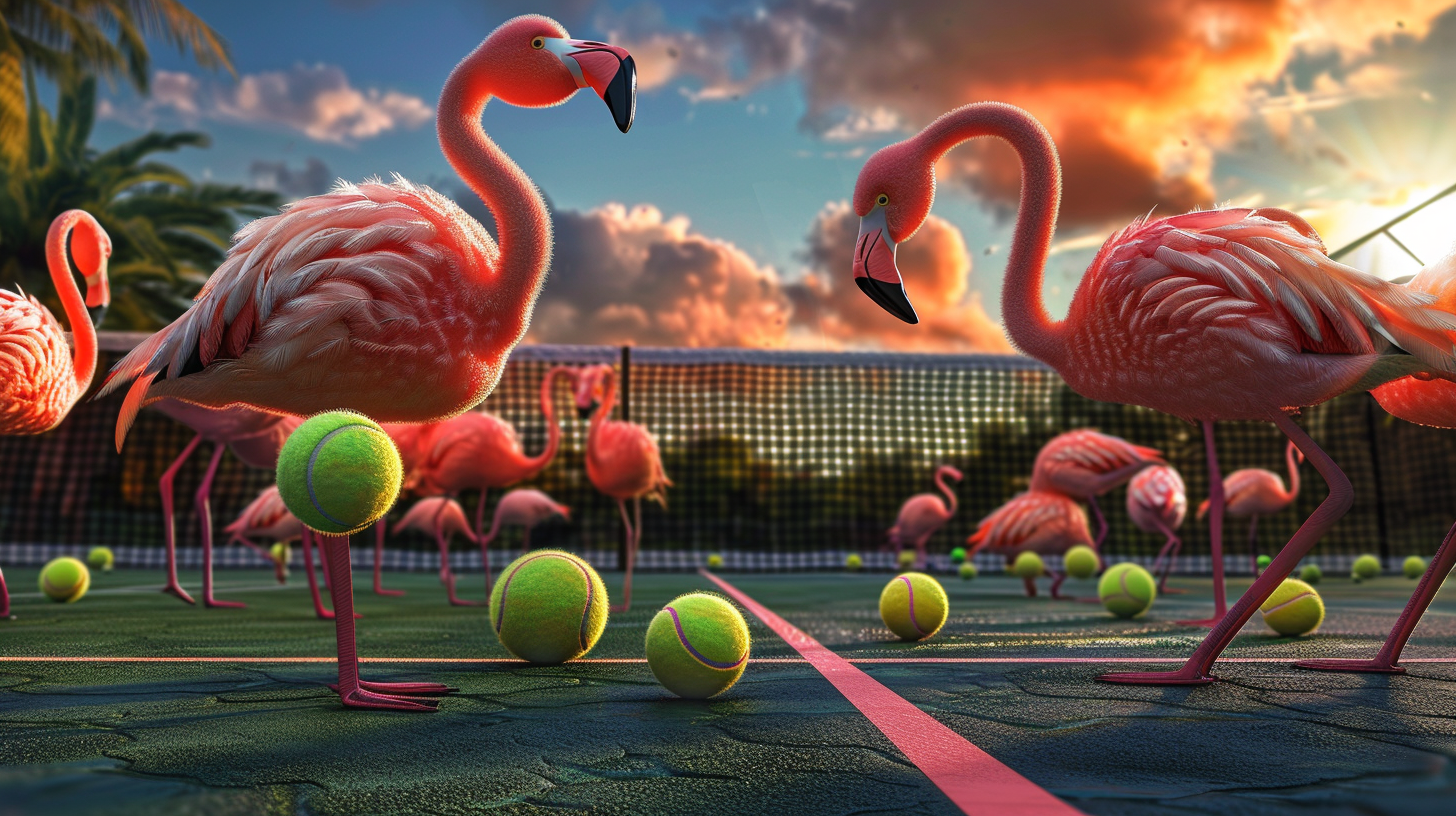 Flamingos on Tennis Court at Sunset