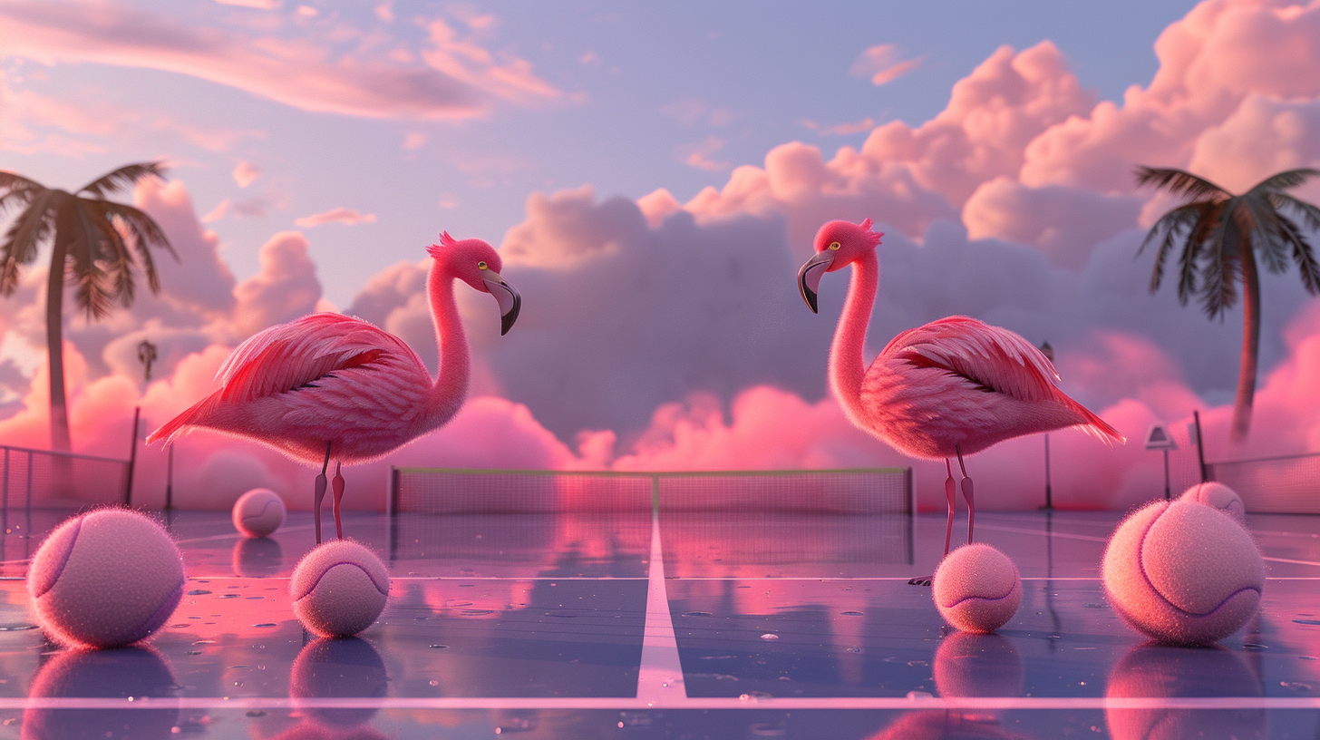 Flamingos on tennis court at Miami sunset