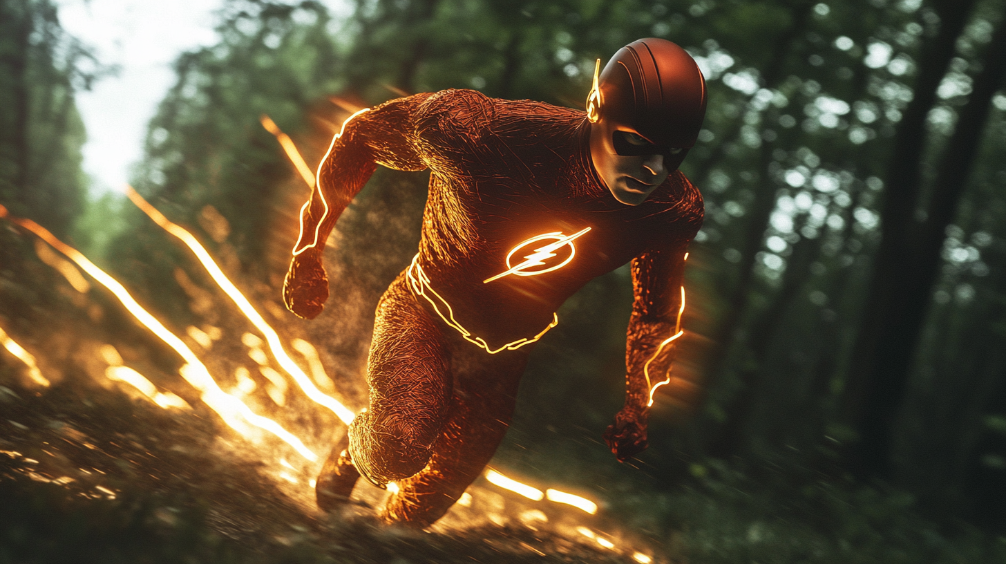 Flash running with speed trail, detailed full body shot.