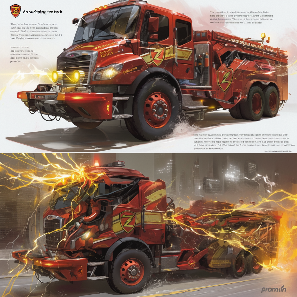 Flash-themed fire truck with lightning design, dynamic urban setting.