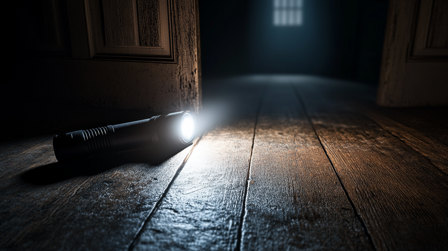 Flashlight illuminating doorway to dark room on wooden floor.