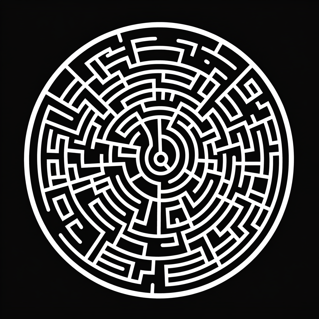 Flat illustration circular maze on black background