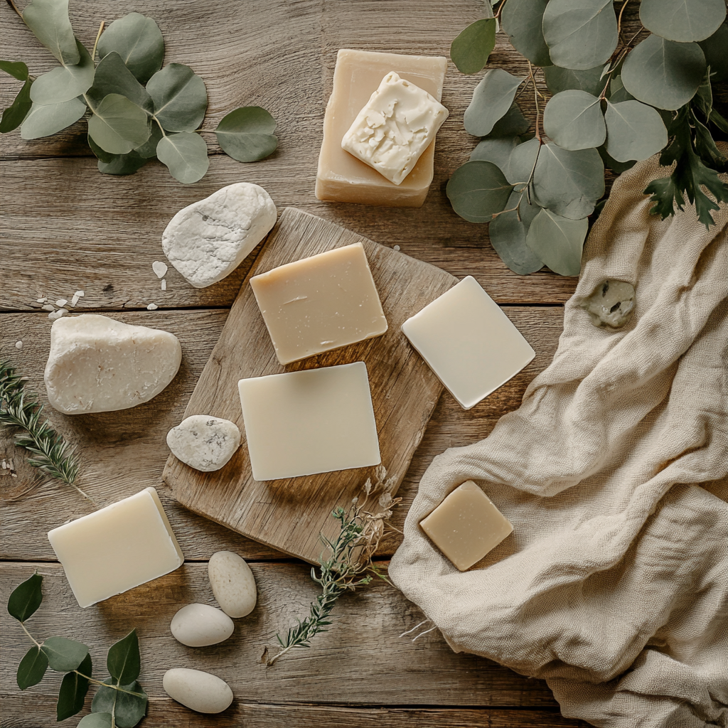 Flat-lay shot of soap bars with natural elements.