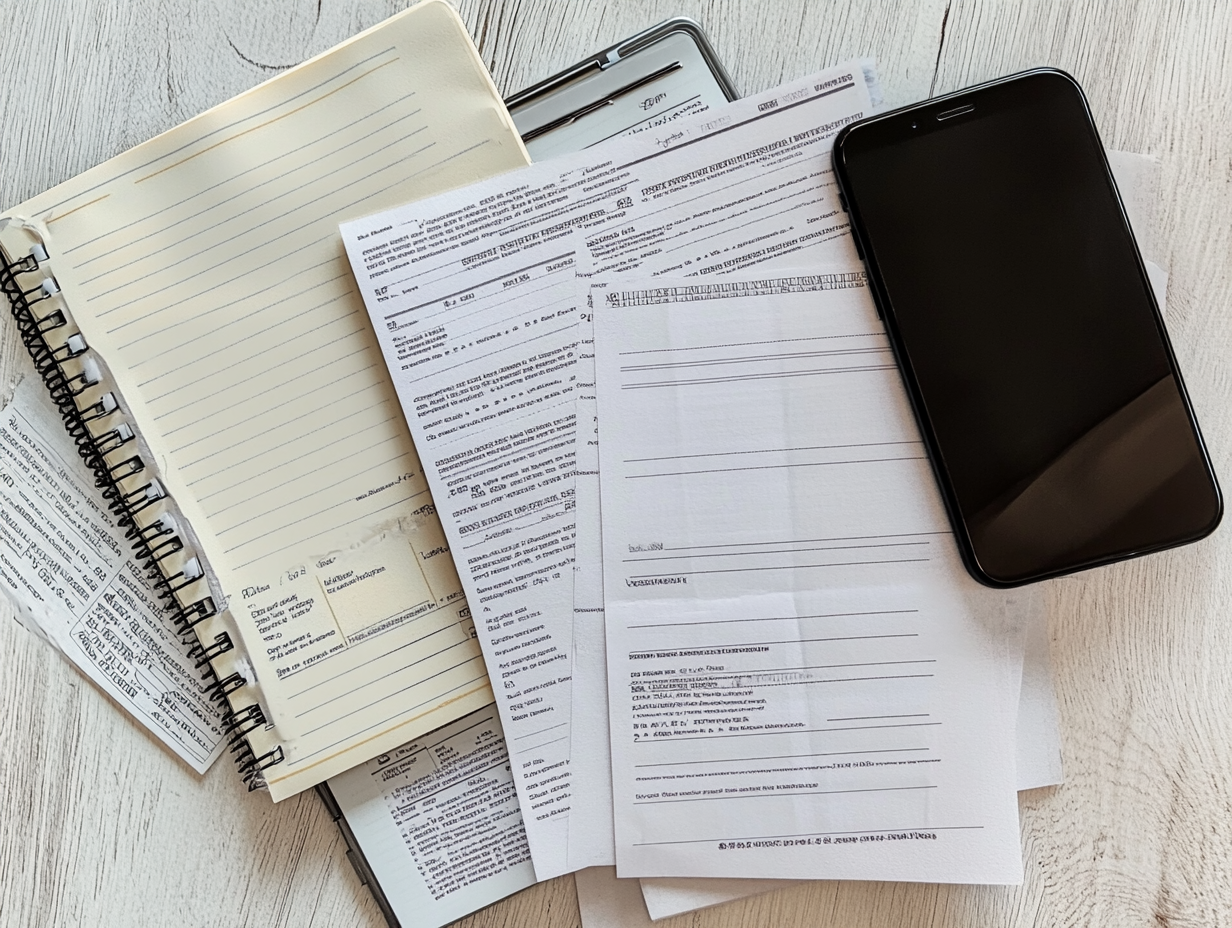 Flat lay shot of workspace with paperwork, notebook, phone.