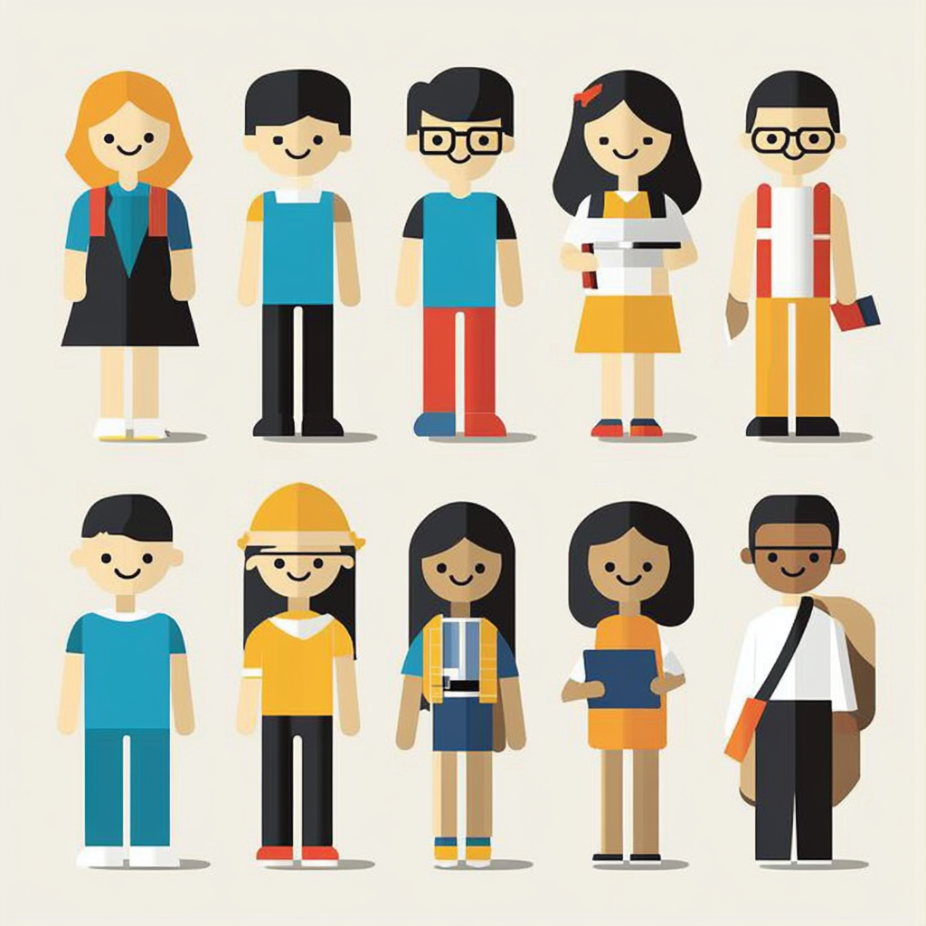 Flat vector characters in simple, diverse educational roles.