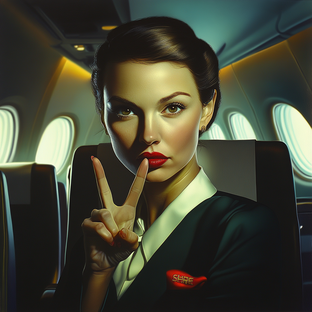 Flight attendant shushing in elegant setting