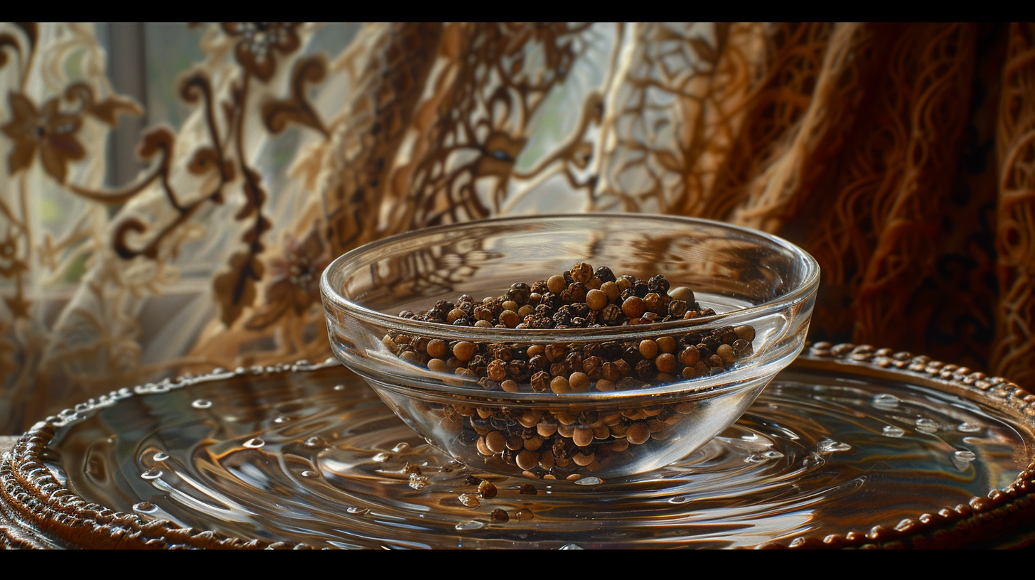 Floating Peppercorns in Sunlit Bowl: A Dreamy Artwork