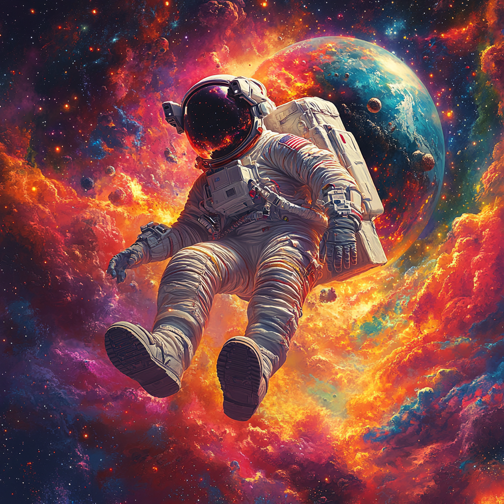 Floating astronaut with vibrant planet in hyper-realistic design