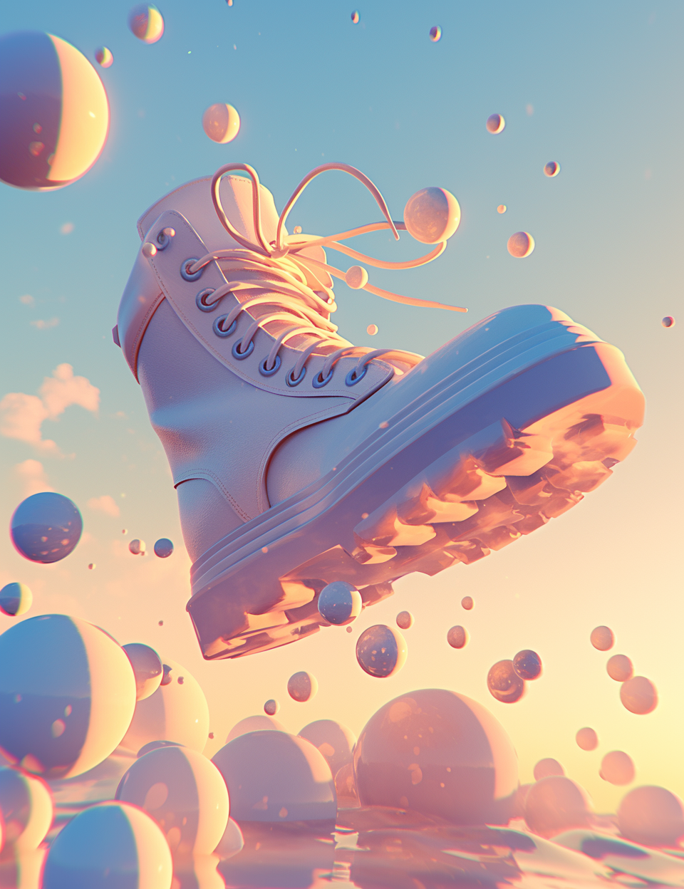 Floating autumn boots surrounded by spheres in soft light