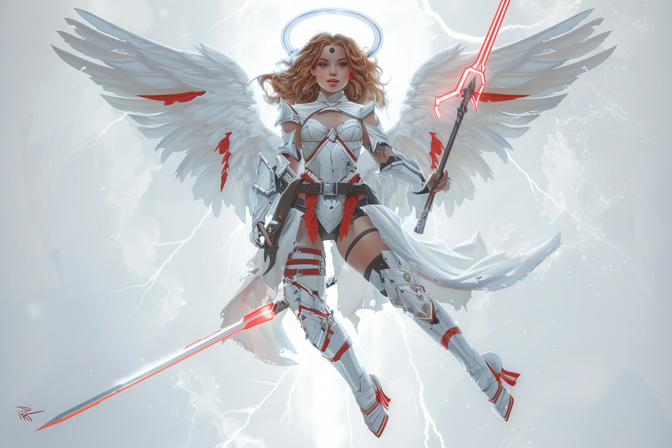 Floating female angel with halo and sword