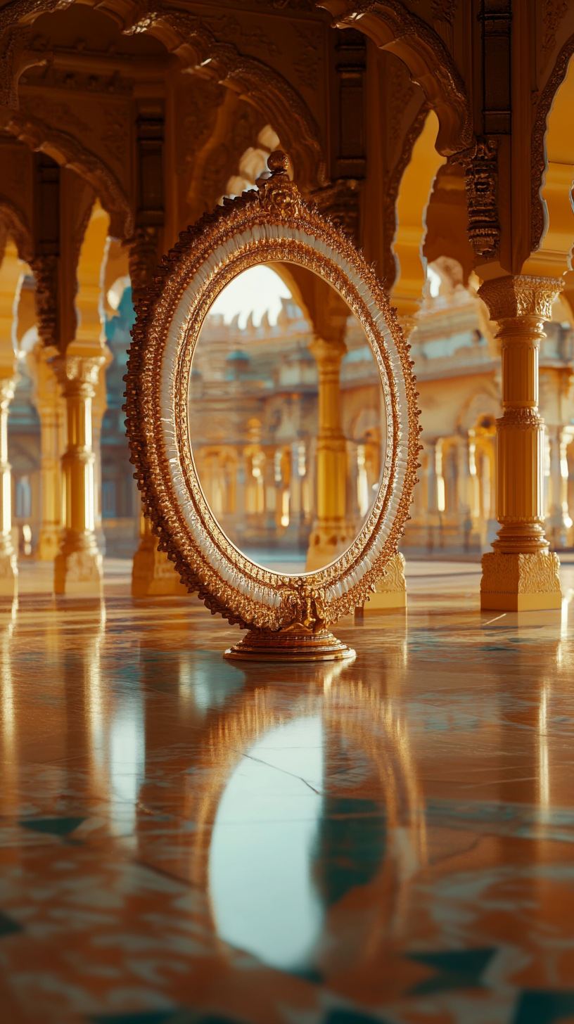 Floating mirror in golden palace at night in movie.